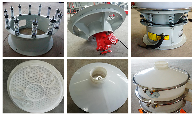 塑料振動篩彈簧底座安裝，振動電機安裝，篩網(wǎng)，防塵蓋等安裝圖片展示